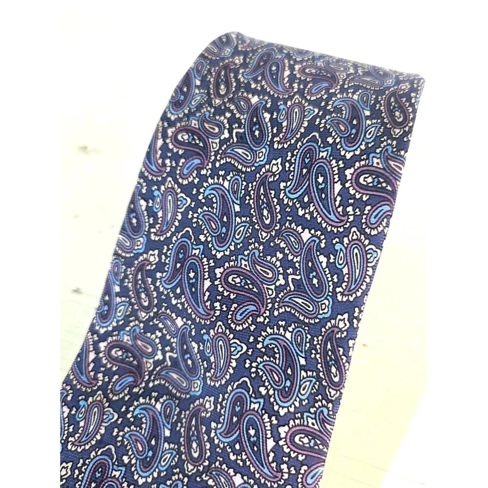 Christian Dior Silk Tie Blue Paisley Pattern Paris New York Designer Necktie